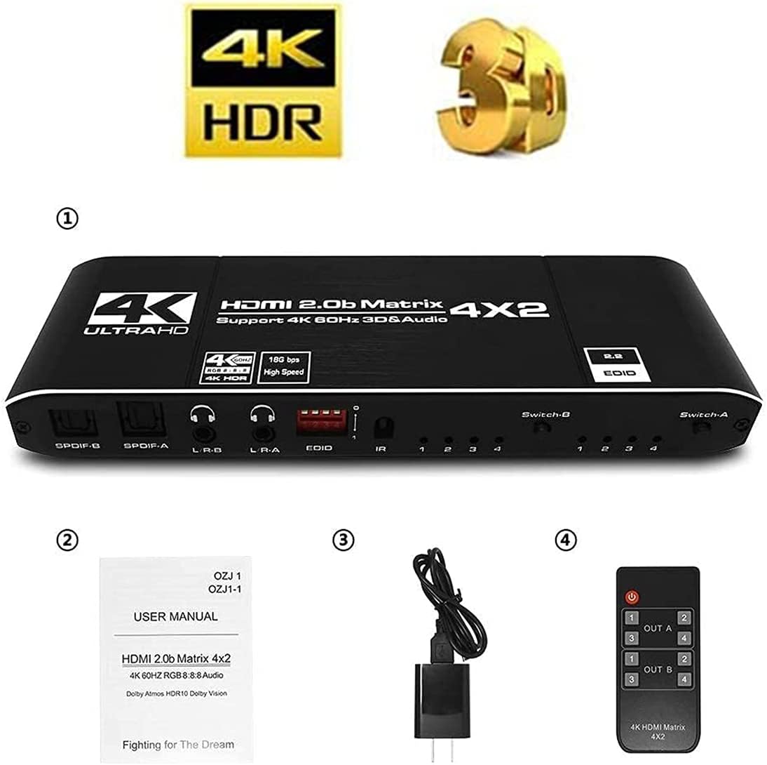 Grеаtеѕt Prоduсt VSVABEFV 4K HDMI Switch 4 in 2 Out Matrix Video Switcher Splitter with IR Remote Control and Power Adapter Support 3D 1080P HDCP 2.2 4K@60Hz0