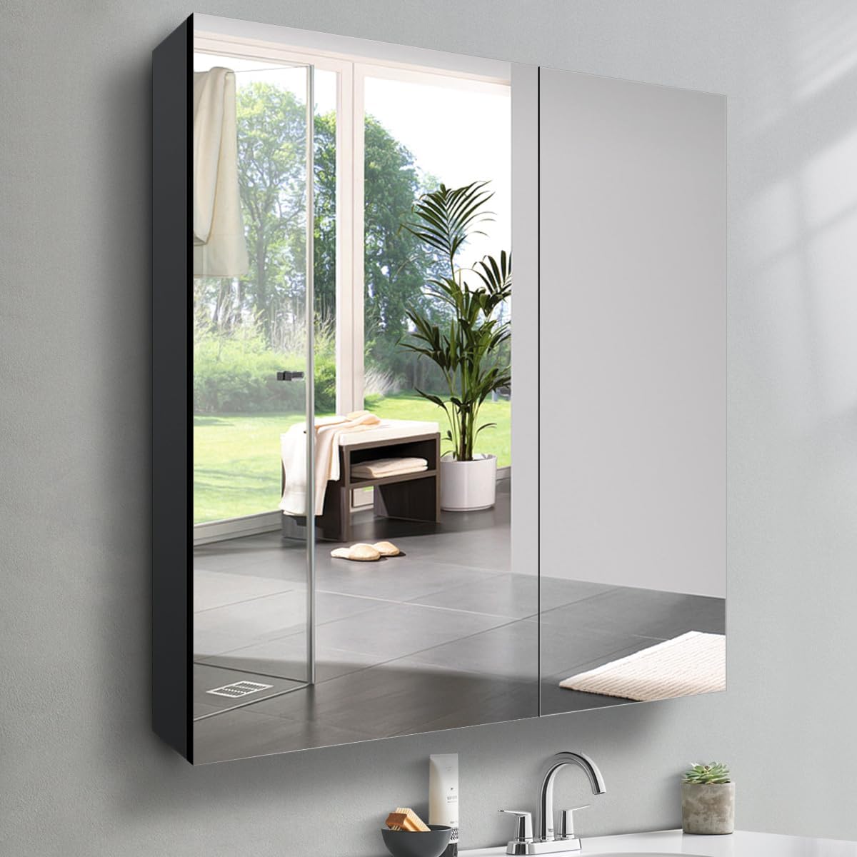 Amazon.com: ZOOTING Double Doors Modern Medicine Cabinet Mirror for Bathroom 80 x 70 CM Wall ...