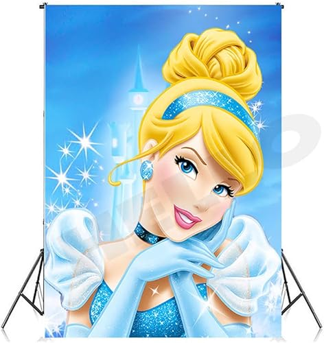 Fondo de Cenicienta de 7 x 5 pies, decoración temática de princesa, pantufla de cristal de princesa, decoración de princesa azul, feliz cumpleaños,