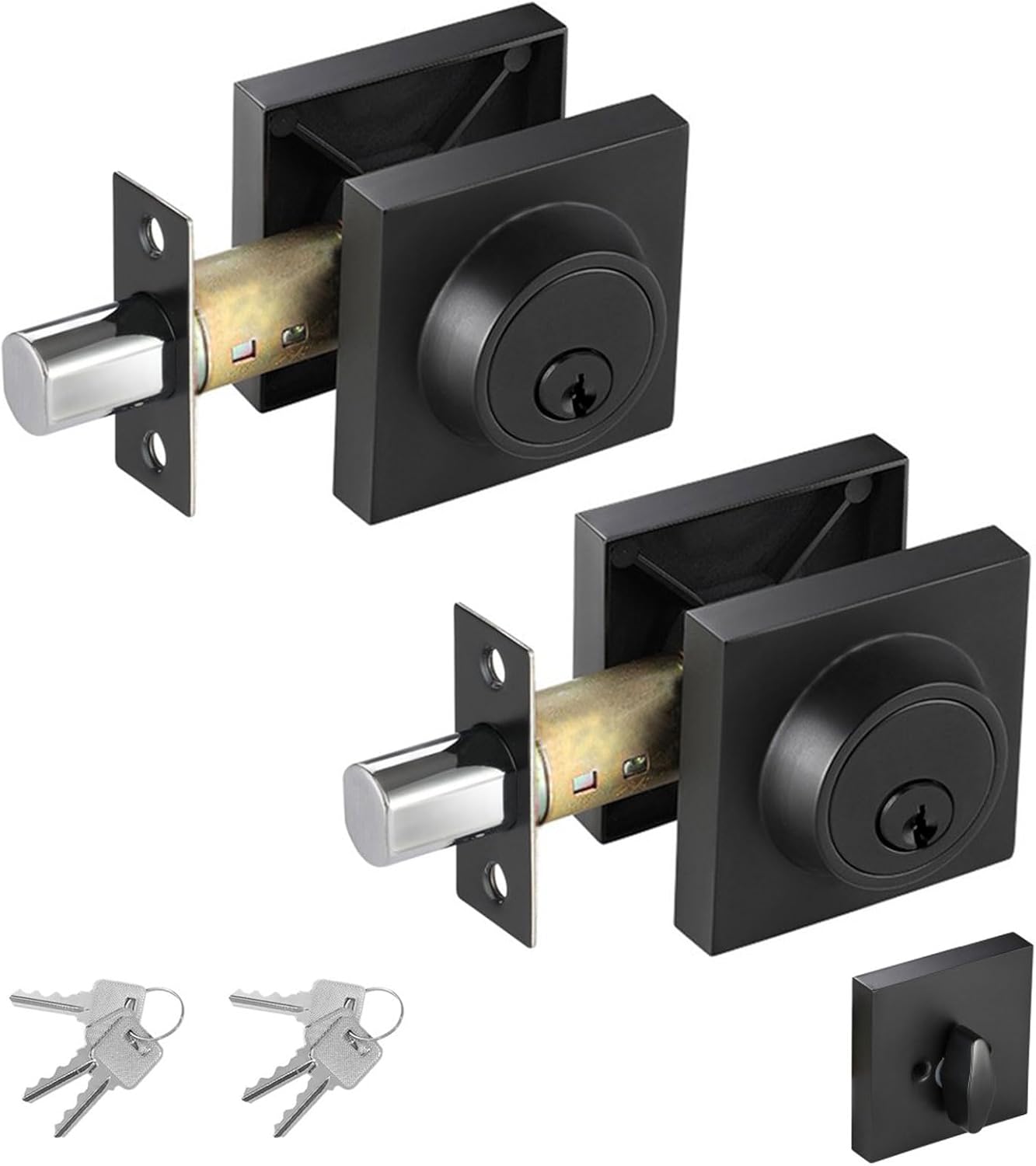 Matte Black Square Deadbolt Lock 2 Pack, Keyed Alike Single Cylinder Deadbolt Lock for Front Door Entrance, Modern Keyed Dead Bolt for Exterior & Interior, Keyed 1 Side