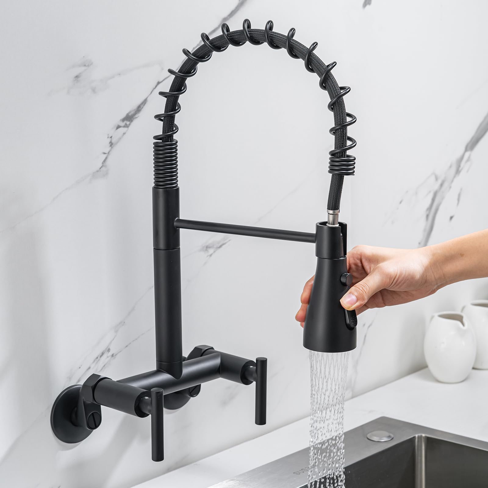 BANGPU Wall Mounted Kitchen Faucet with Sprayer 8 Inch Center Put Down ...