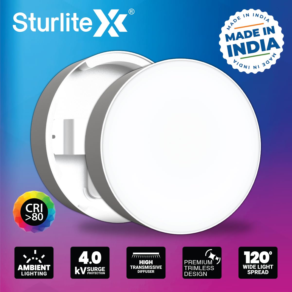 Sturlite Lexxo 8W (3in1) Round LED Surface Light| Warm, Neutral & Cool White Color Temperature | 640 Lumens with CRI Tech for Accurate Color Representation - (Pack of 6) LED Bulb 1