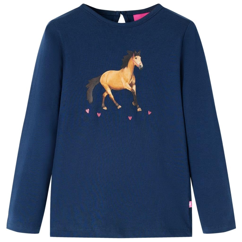 Vidaxl Navy Blue Kids' T-Shirt With Long Sleeves Children T Shirt Horse Print 116