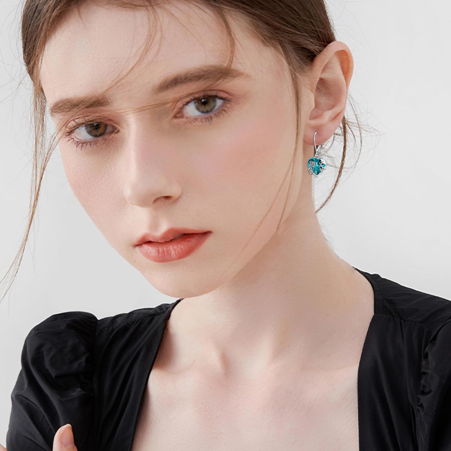 Rose Skull Earrings S925 Sterling Silver Heart Crystal Birthstone Dangle Drop Earrings Hypoallergenic Gothic Skull Leverback JJewelry Gift for Mom Daughter Wife - Image 4