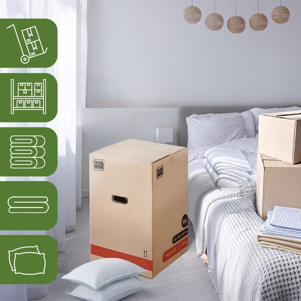 Pack And Move – Lote de 60 cajas de mudanza premium – 40 x 40 x 60 cm – Extrema resistencia 25 kg – Reutilizables – Doble grosor – Asas reforzadas – 3 adhesivos disponibles