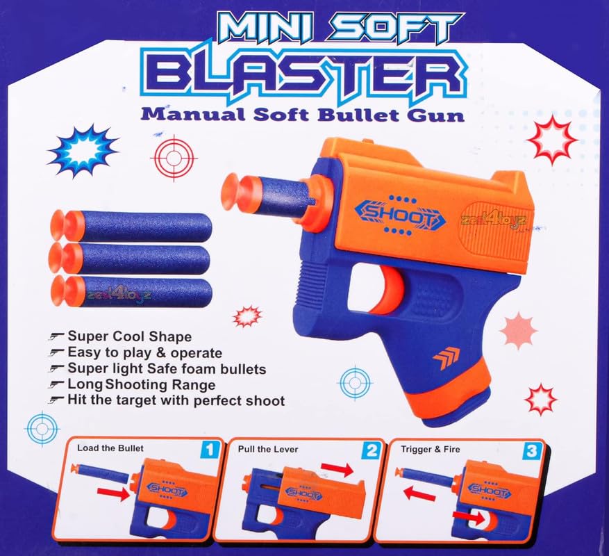 Kidoyz Mini Soft Blaster Toy Gun for Kids | Manual Foam Bullet Shooter with 3 Safe Soft Bullets | Long Range Action Toy | Safe Indoor & Outdoor Play | Multicolor 3