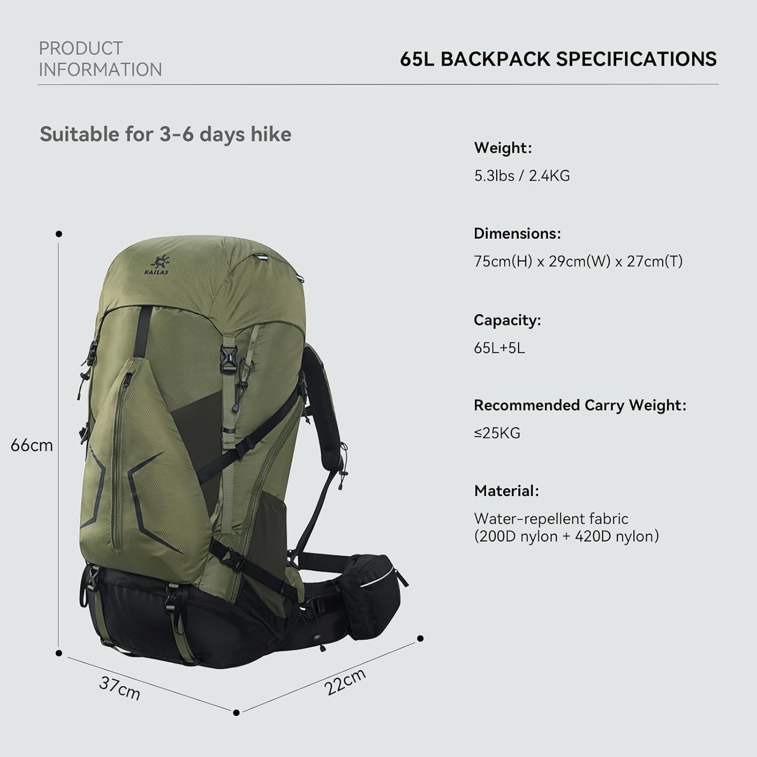 KAILAS RIDGE III 65+5L Hiking Backpack Trekking Daypack Outdoor Backpacking Waterproof Lightweight Internal Frame Backpack for Traveling Camping with Rain Cover Leaf Green S