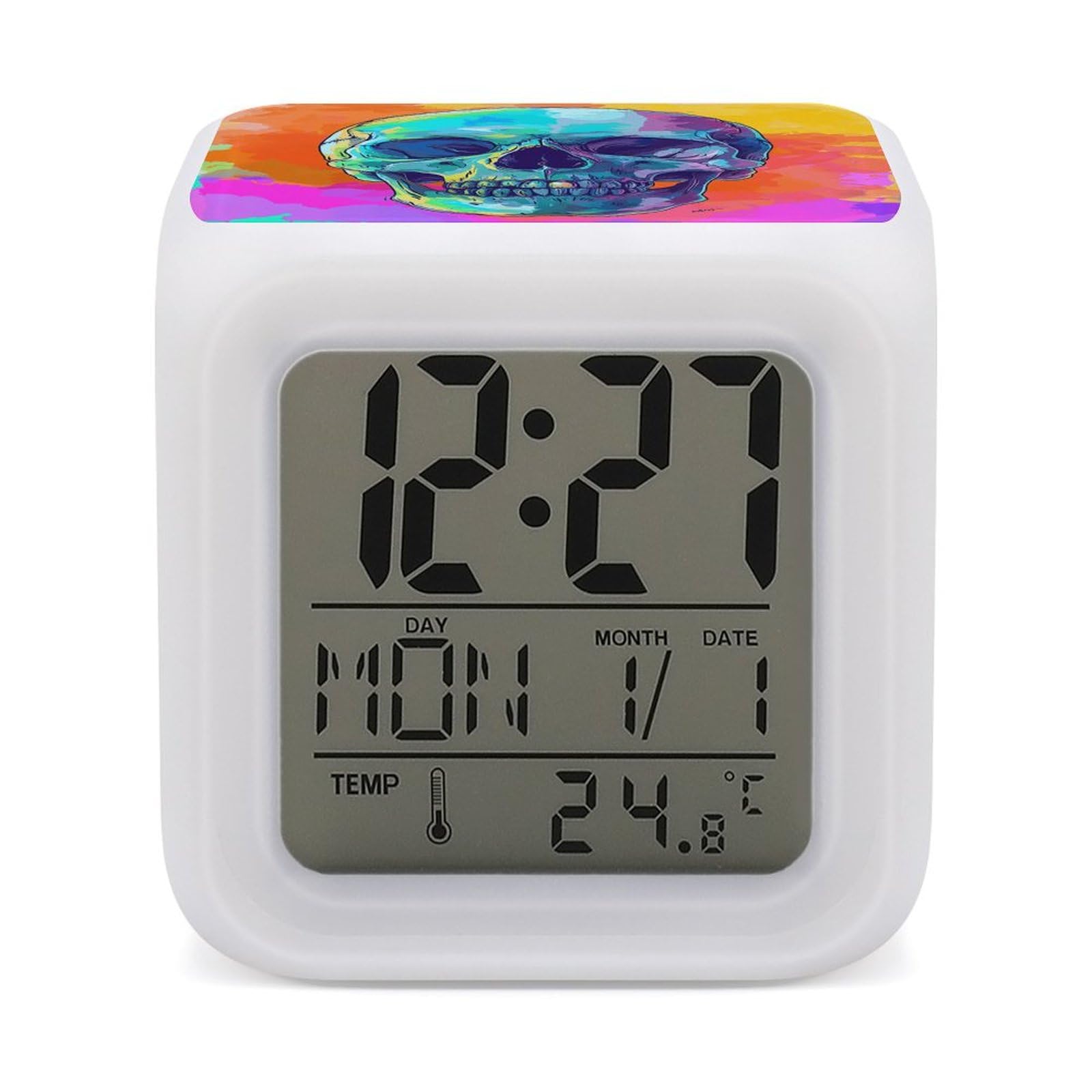 JTREHY 7 Color Changing LED Digital Alarm Clock,Cartoon Style Skull Printed Wake-up Clock with Temperature Display Home Decoration Alarm Clock for Bedroom Office