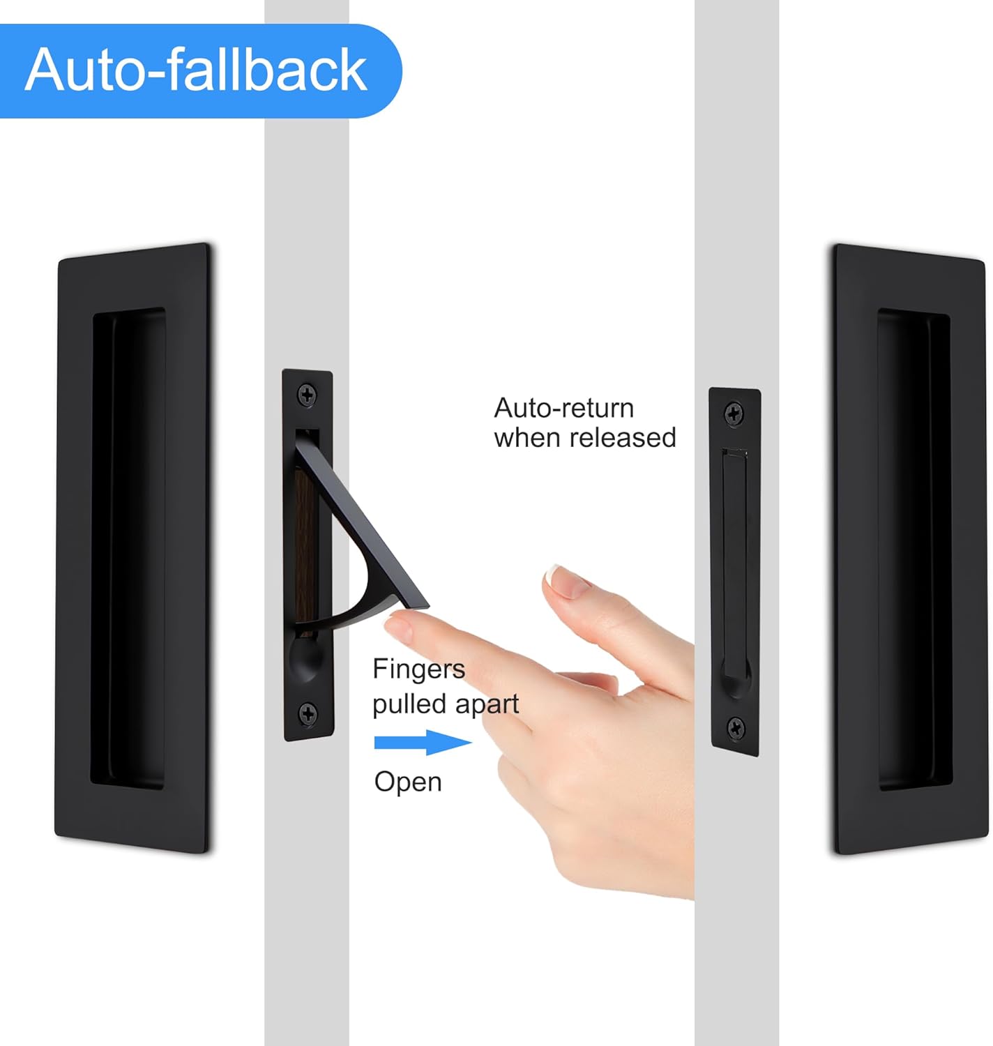 Dontay 2 Set Pocket Door Pull Handle,304 Stainless Steel, Rectangle Recessed Flush Finger Pulls & Edge Spring Pull,No Lock,Hardware Set for More Than 1-1/8” Thickness Sliding Door(Matte Black,6'')