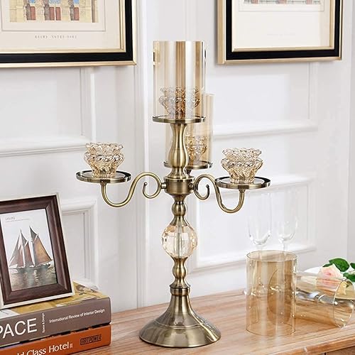 Miniatura 5 de Tigrun Candelabro de cristal de metal retro Candelabro de cristal de 4 brazos a la luz de las velas, cena, boda, decoración del hogar (color  4