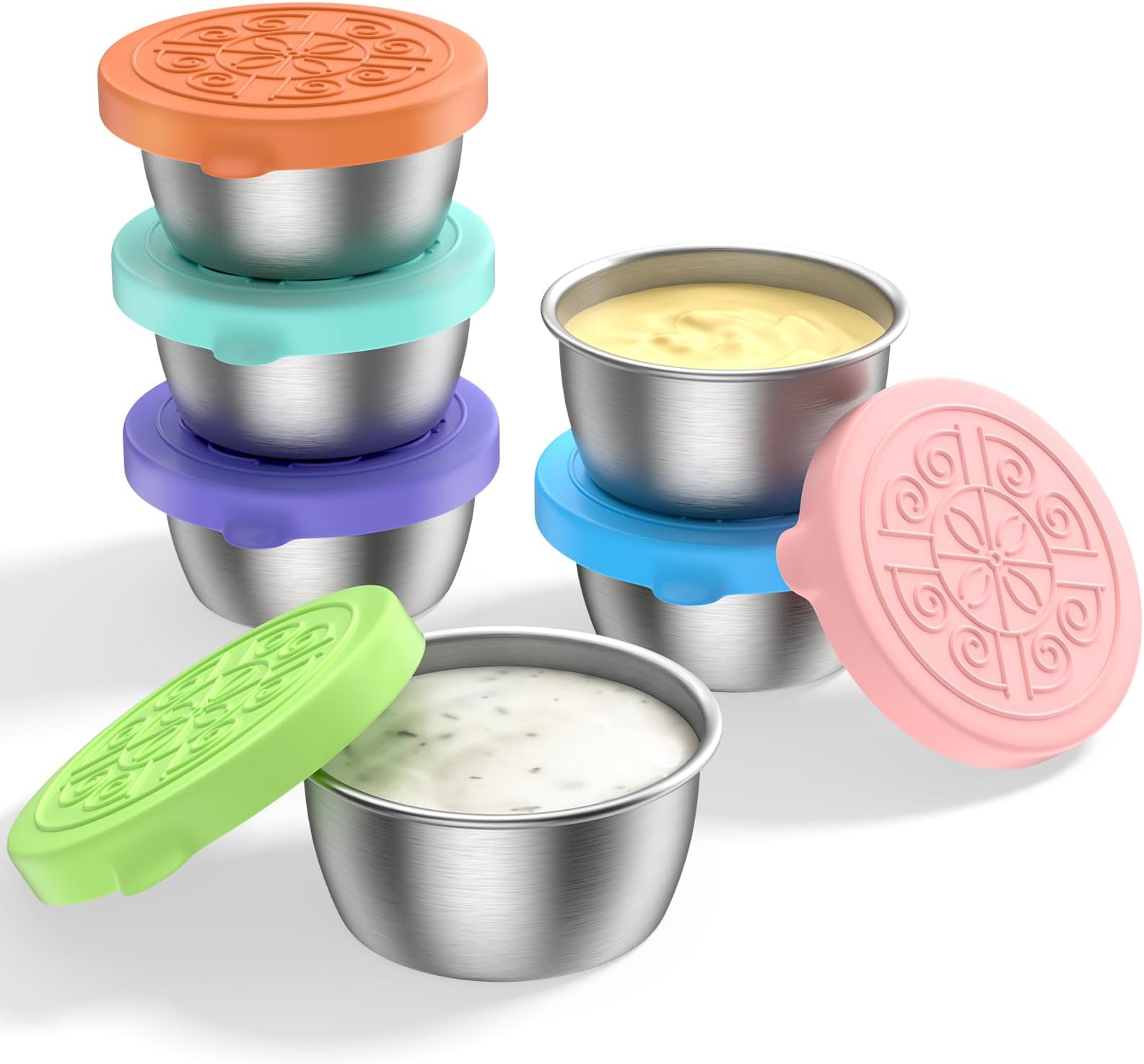 XGXN 6 Pack Salad Dressing Container To Go, 1.7 Oz/50ml Stainless Steel Small Condiment Containers with Lids, Reusable & Leakproof Silicone Sauce Cups for Lunch Box (B/G/P/PK/O/MG)