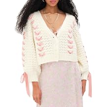 Womens Y2K Crop Cardigan Long Sleeve V-Neck Satin Ribbon Lace Up Bow Dec Sweater Pullover Button Down Knit Jumper Top