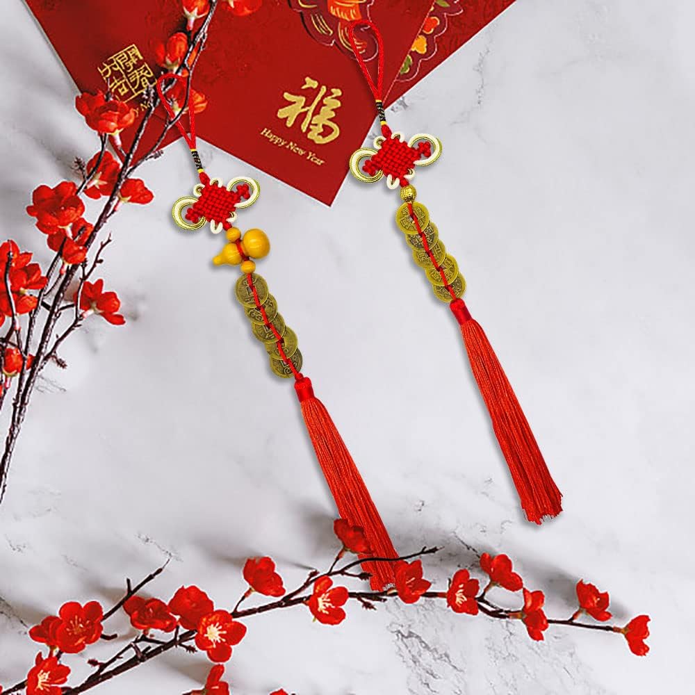 8 Strings Chinese New Year Lucky Coins Charms Chinese Feng Shui Coins 2025 New Year Fortune Coins I-Ching Coins with Tassel Gourd Chinese Knot for Wealth Success Good Luck Hanging Decorations