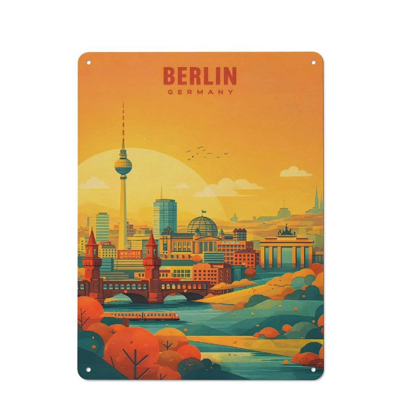 Junmoney Style-6 Berlin Cityscape With Brandenburg Gate Printed Metal Sign 40X30cm For Café Or Home Bar, For Kitchen And Home Bar Decor, For Cafés, Pubs And Restaurants