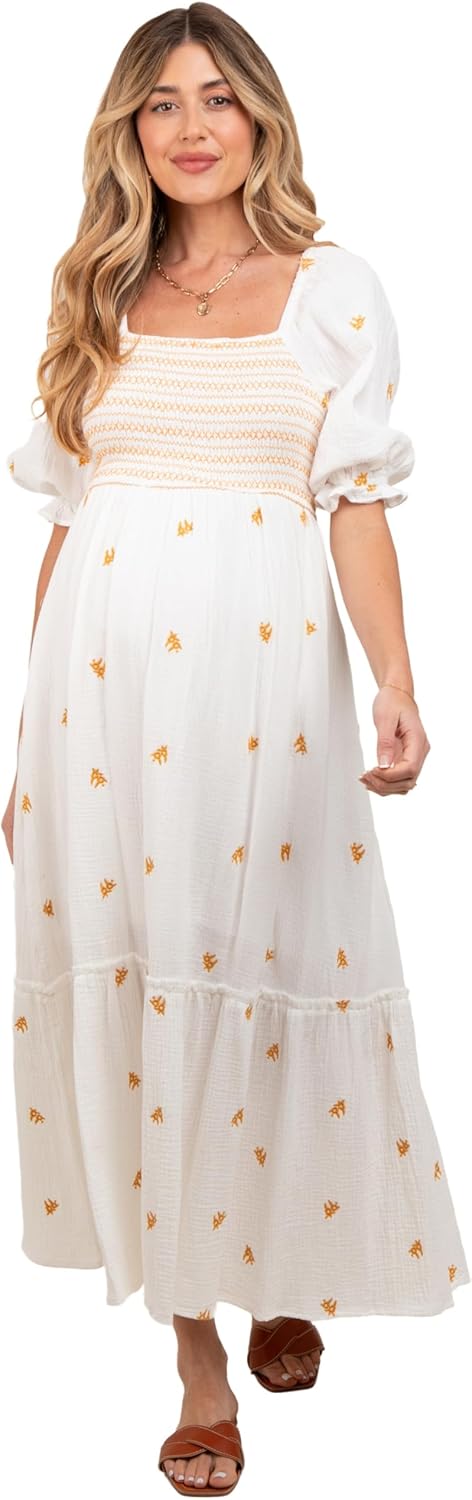 PinkBlush Gauze Smocked Embroidered Square Neck Maternity Midi Dress