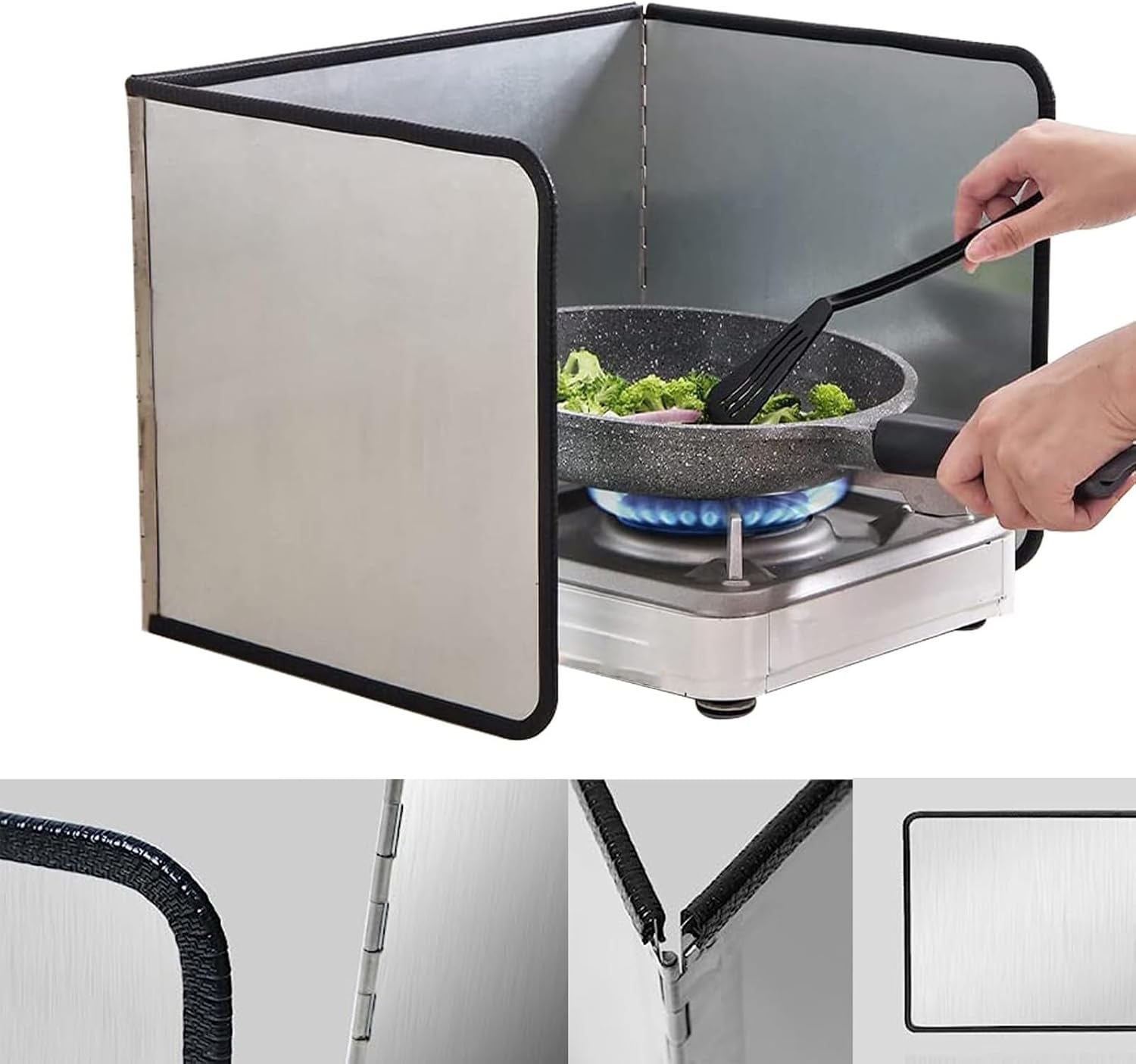 4-Sided Stainless Steel Splatter Guard, Foldable Anti-Oil Shield, Grease Splatter Screen for Kitchen, Stove Splash Protection, Durable and Easy to Clean, Essential Cooking Tool