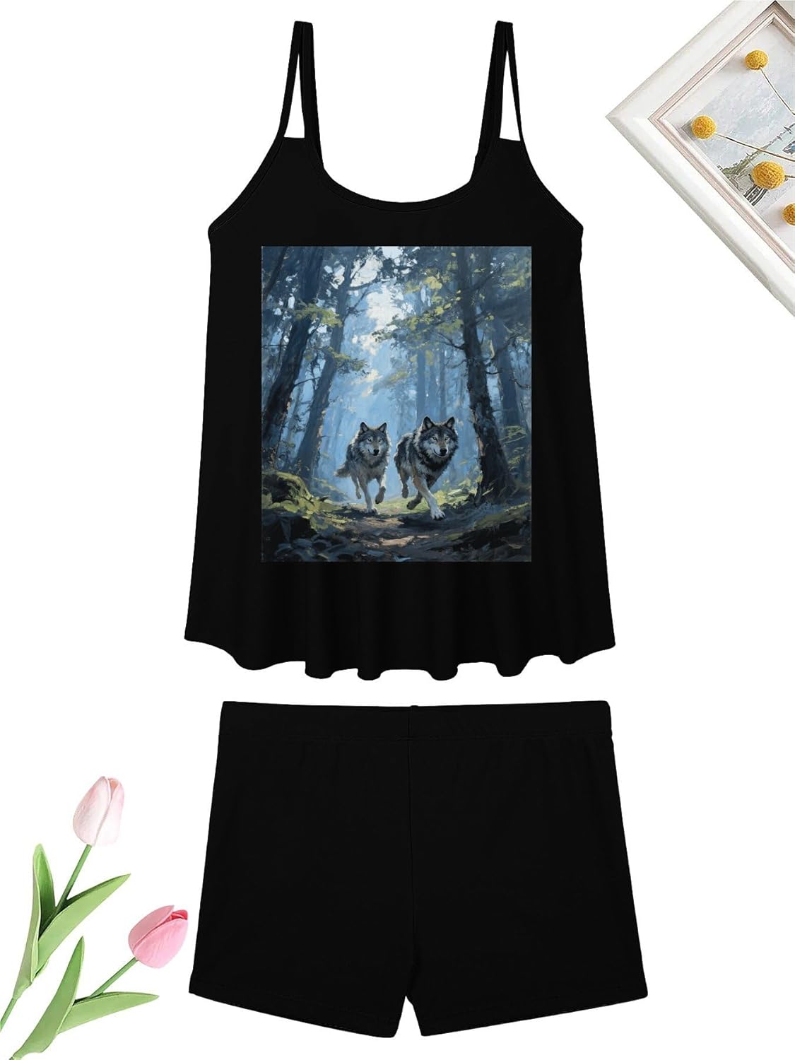 Wolf Forest Tankini Swimsuits for Women Tummy Control Two Piece Bathing Suits Swim Tops with Boy Shorts