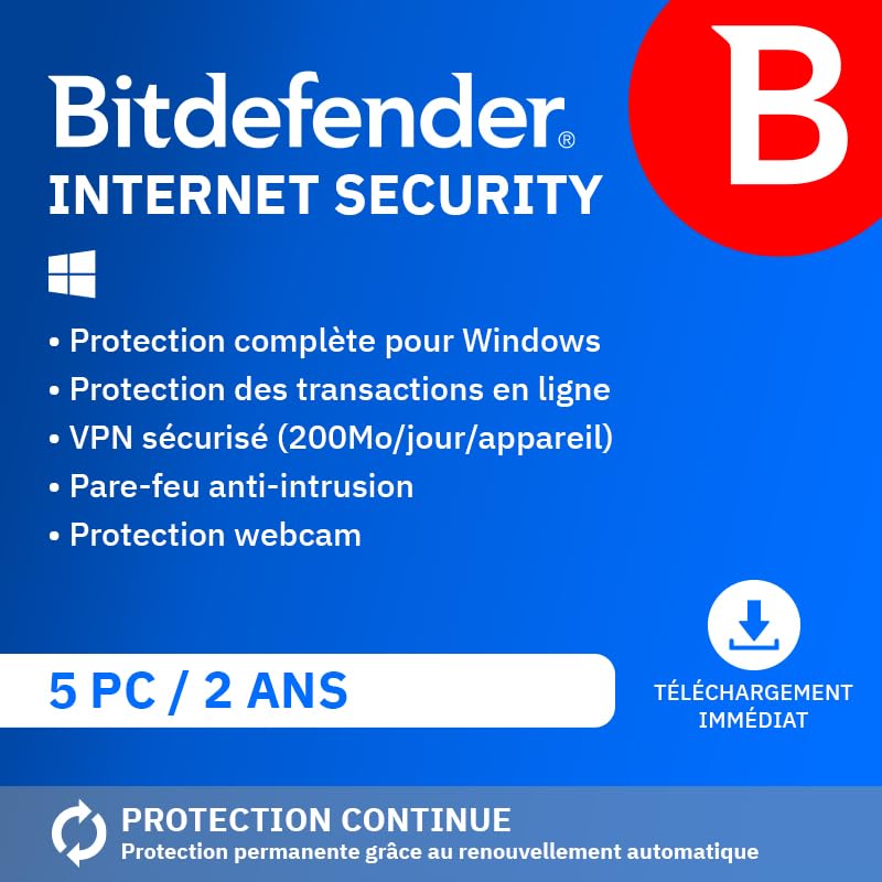 Bitdefender Internet Security| 5 Appareils | 2 Ans | PC | Code d’activation par email | Renouvellement Automatique