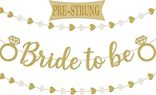 Bride to Be Banner Gold Glitter – Pre-Strung Bridal Shower Decorations with Diamond Ring & 2PCS Heart Garland – No DIY Bachelorette Party Supplies for Bride, Engagement, Hen Party, Wedding Decor