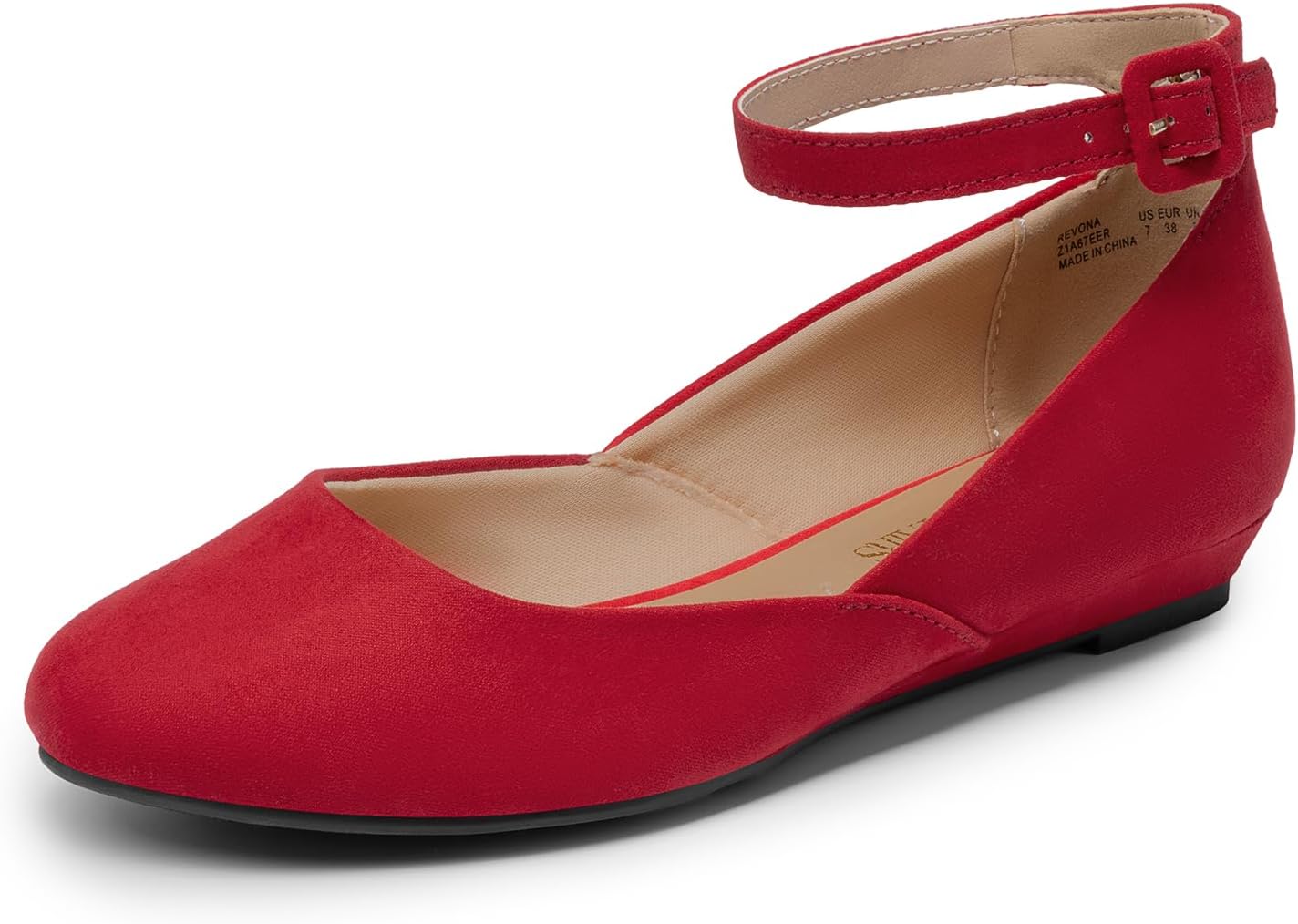 DREAM PAIRS Women's Dress Flats Ballet Low Wedge Round Toe Ankle Strap Comfortable Casual Flats Shoes 7.5 Red Suede