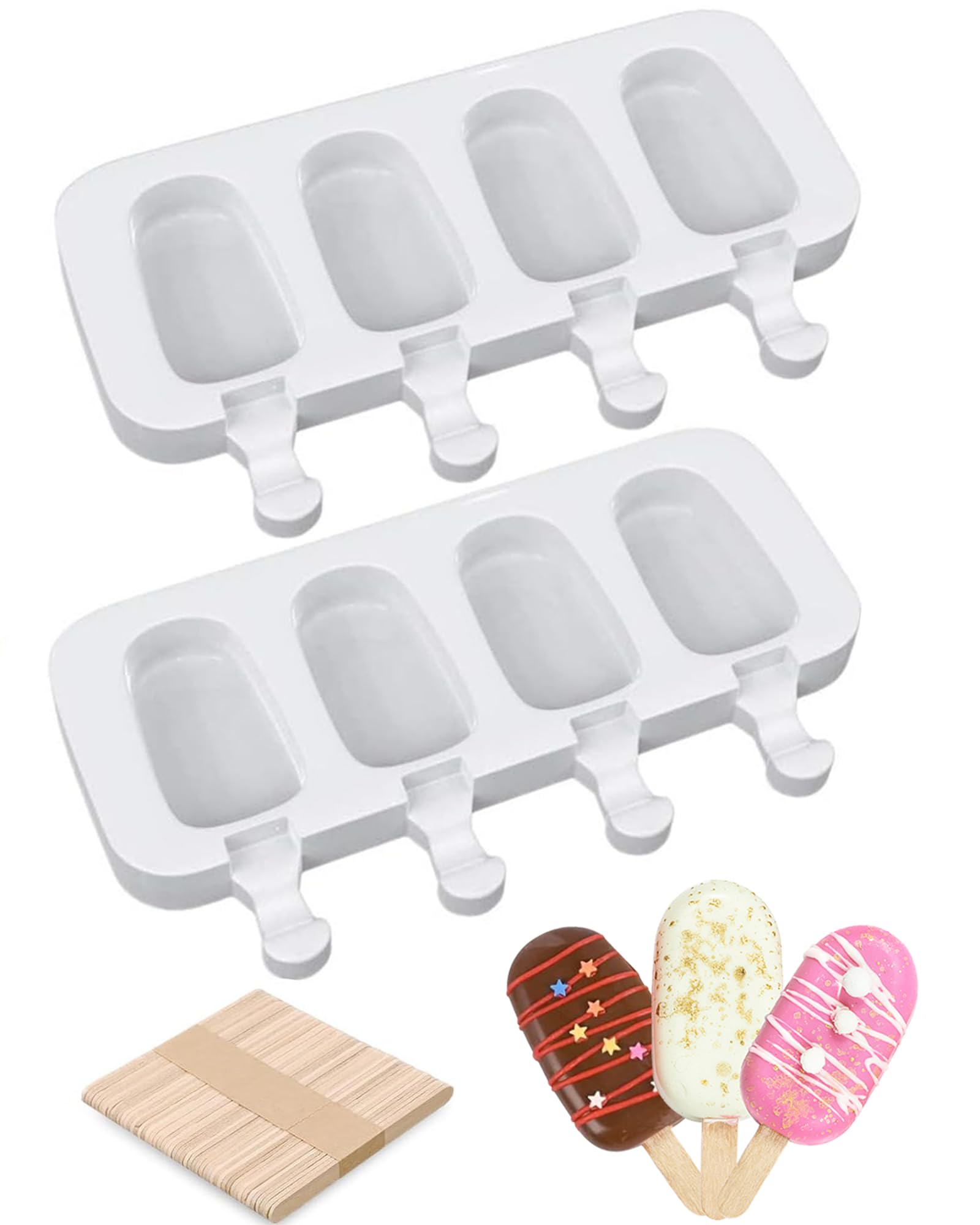 Ouddy Life Popsicle Molds Set of 2, Ice Pop Molds Silicone 4 Cavities Ice Cream Oval Cake Pop Mold with 50 Wooden Sticks for DIY Popsicle, Clear