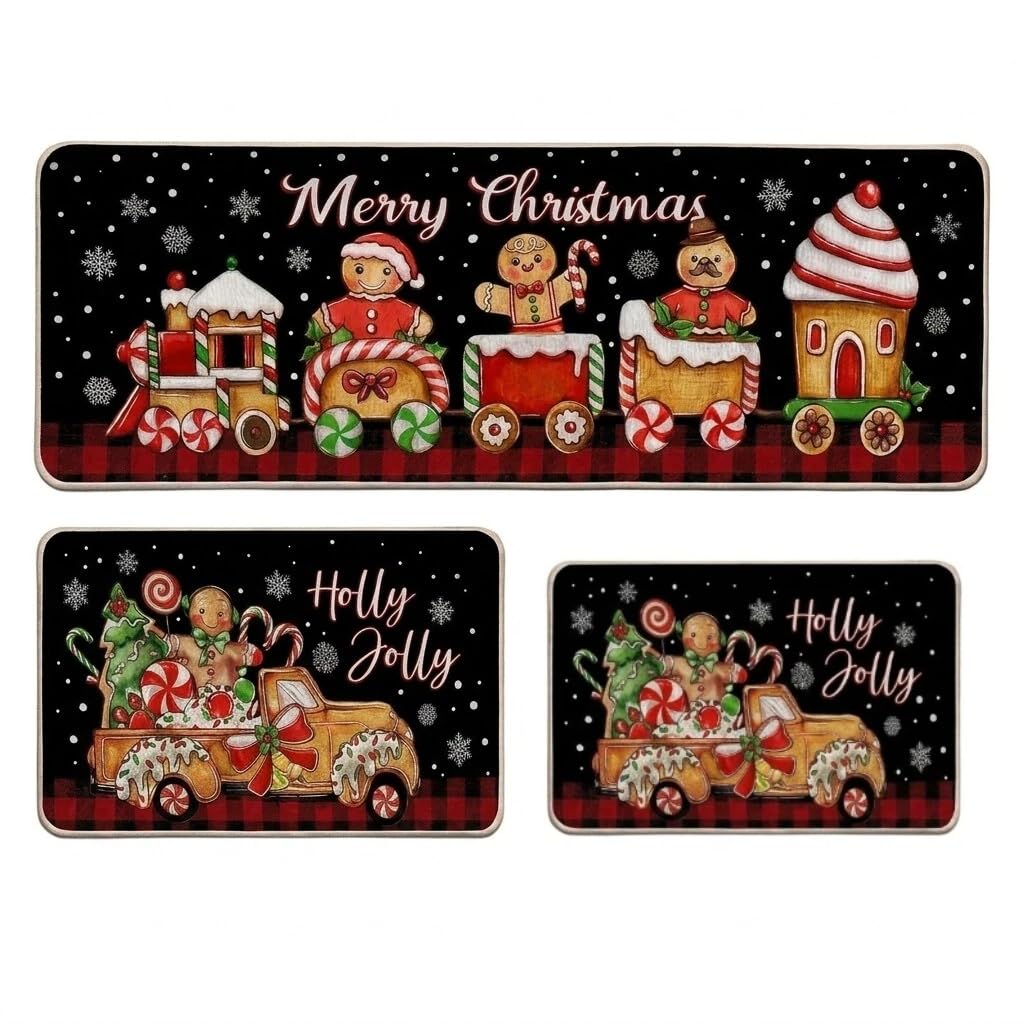 HoldOneLight Weihnachts-Küchenvorleger, 3er-Set, weiche Samtmatten, Weihnachts-Bodendekoration für das Zuhause, rutschfeste Vorleger für Küche und Bad (Kitchen)