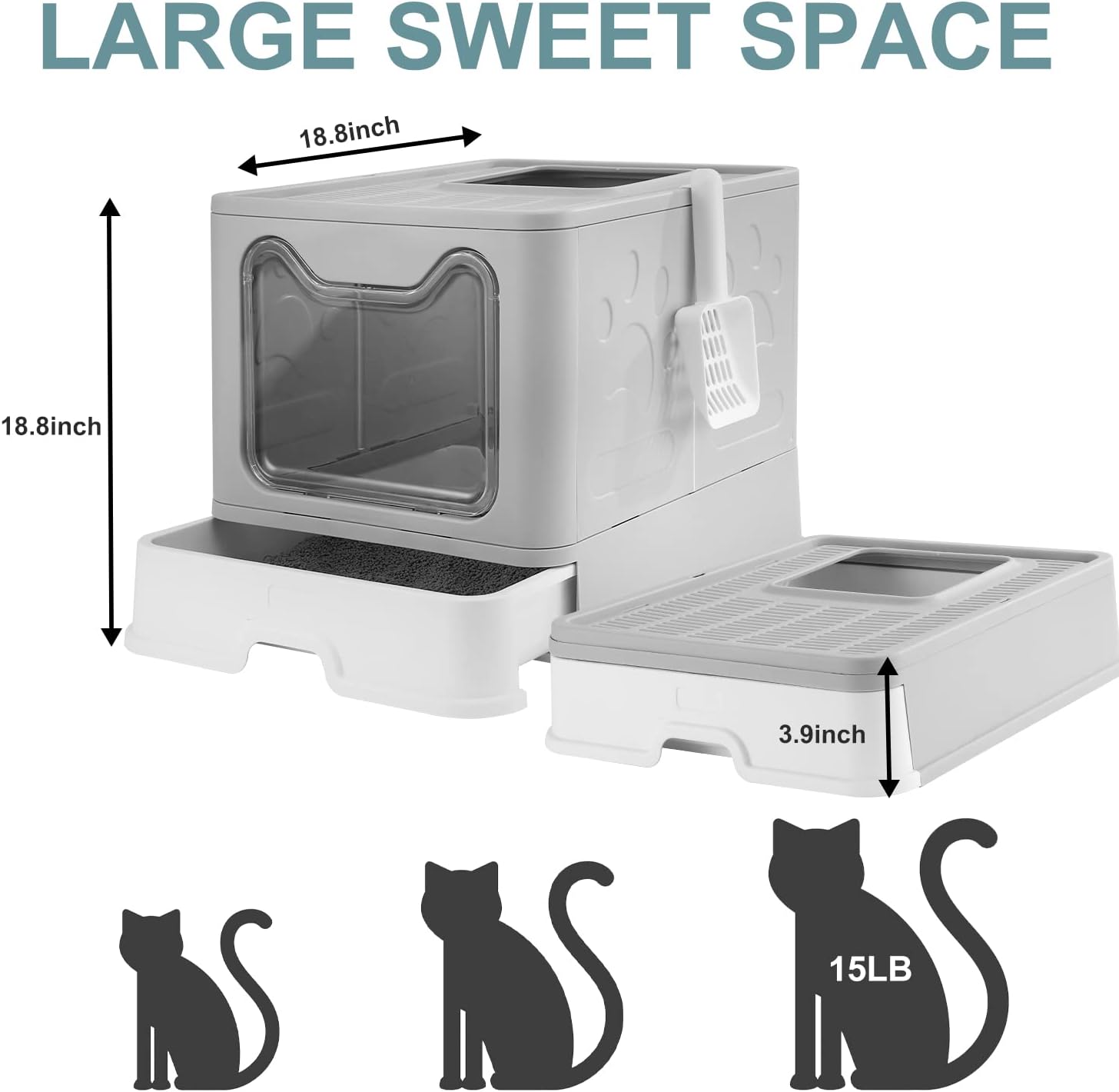 UIMNJHUKE Foldable Cat Litter Box with Lid, Extra Large Covered Cat Litter Box with Litter Mat and Scoop, Easy to Clean Litter Pan, Enclosed Kitty Litter Box(Grey)