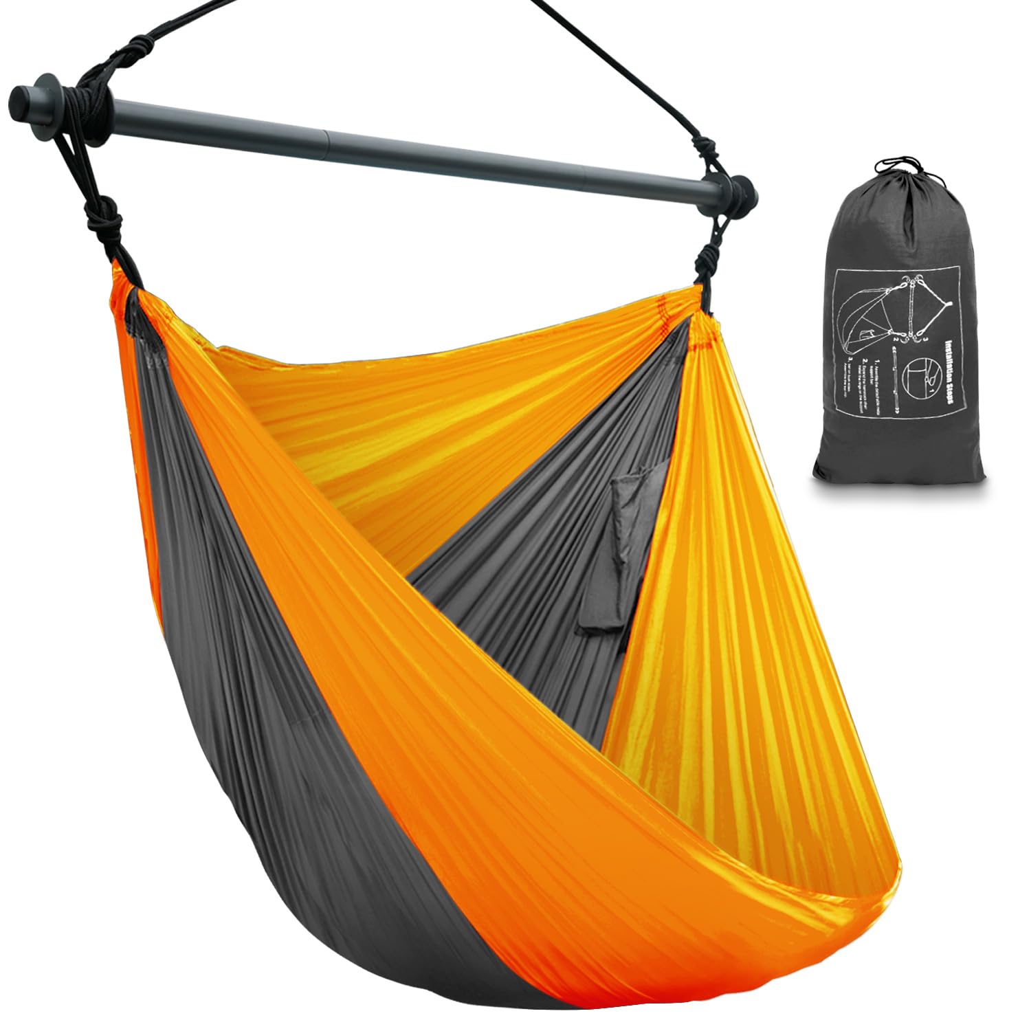 Hammock Chair, Portable Large Hanging Rope Swing, Lightweight Nylon Parachute, Max 500 Lbs, Detachable Metal Support Bar Hammock Chair Swing for