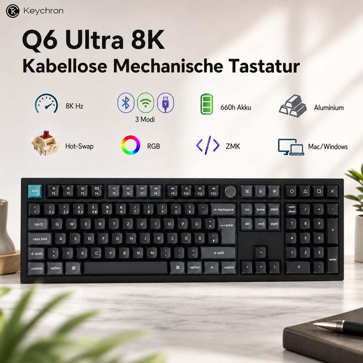 Keychron Q6 Ultra 8K Kabellose Mechanische Tastatur – 100% Vollformat, 8K Hz Abfragerate, ZMK Firmware, 660h Akku, Aluminiumgehäuse, Hot-Swap, RGB, für Mac/Windows (Brauner Schalter)