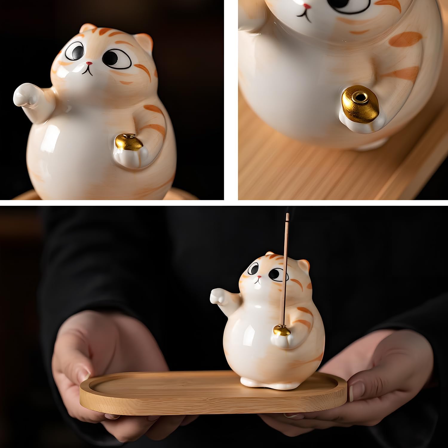 Cat Incense Holder - Cute Ceramic Incense Burner with Bamboo Ash Catcher Tray, Orange Tabby Cat Meditation Decor for Home Office, Zen Desk Accessories (3.4" L x 2.8" W x 3.5" H)
