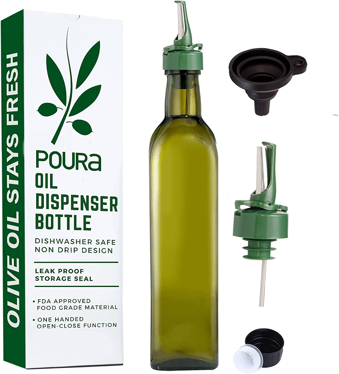 DaiRen Kitchen 500ML Set di Bottiglie per Olio e Aceto in Vetro, Dispenser per Olio d'Oliva con Supporto Caddy e Beccuccio in Acciaio Inox, Nero, Set di 2 Pezzi