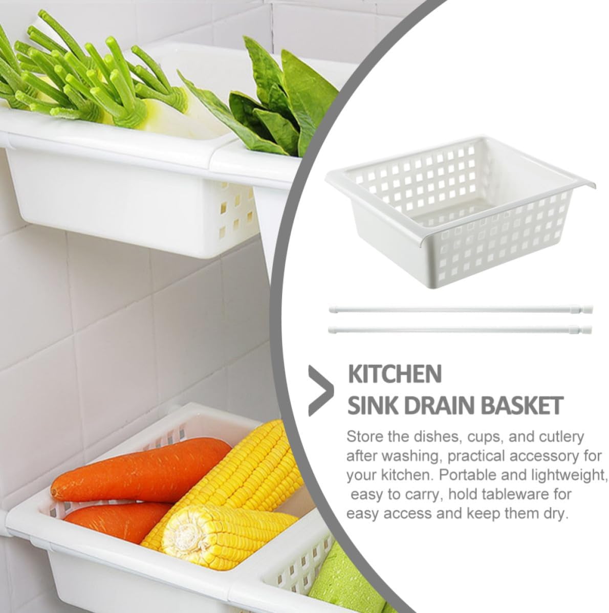Multifunctional Sink Colander Draining Basket with Telescopic Rod Design, Portable Pp Material Storage Basket for Vegetables and Cups, for Kitchen Sink Organization