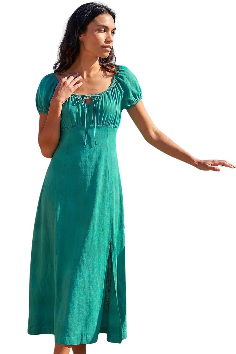 Roman Originals Puff Sleeve Linen Mix Midi Dress for Women UK - Ladies Everyday Holiday Spring Summer Square Neckline Comfy Soft Evening Vacation Work Party - Jade Green - Size 10