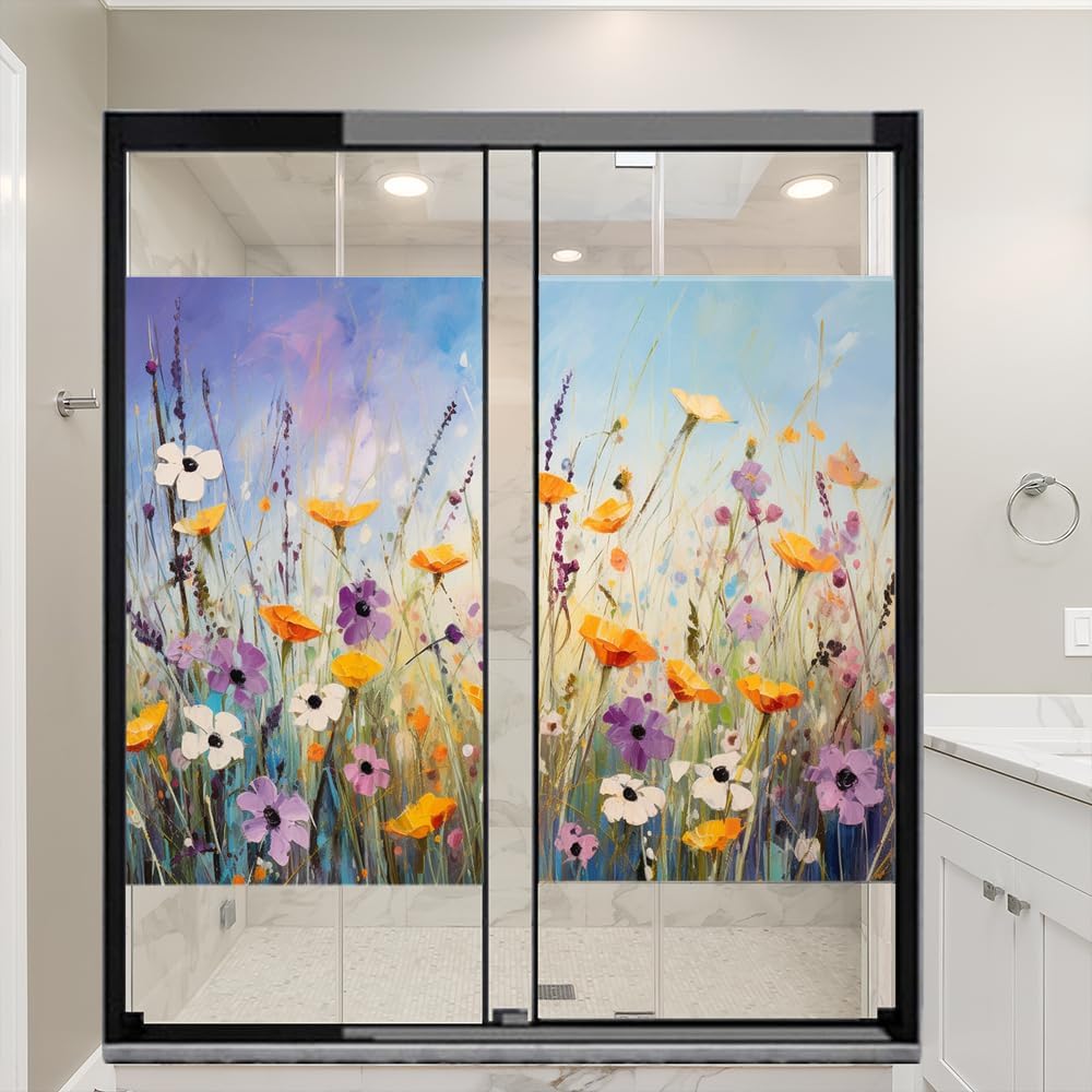 Retro Colorful Flower Window Film Coverings Watercolor Rustic Floral Landscape Window Privacy Film Self-Adhesive Glass Film Decorative Sticker Frosted Film for Home Office 31.5Wx47.2L-inch x2 Pcs