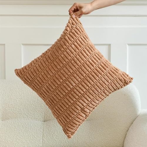 Panleding Pack of 2 Decorative Throw Pillow Covers, Corduroy Boho Striped Pillow Cases, Simple Modern Home Decor for Sofa Living Room Couch Bed, 18x18 Inch, Khaki & Rust - Thumbnail 2