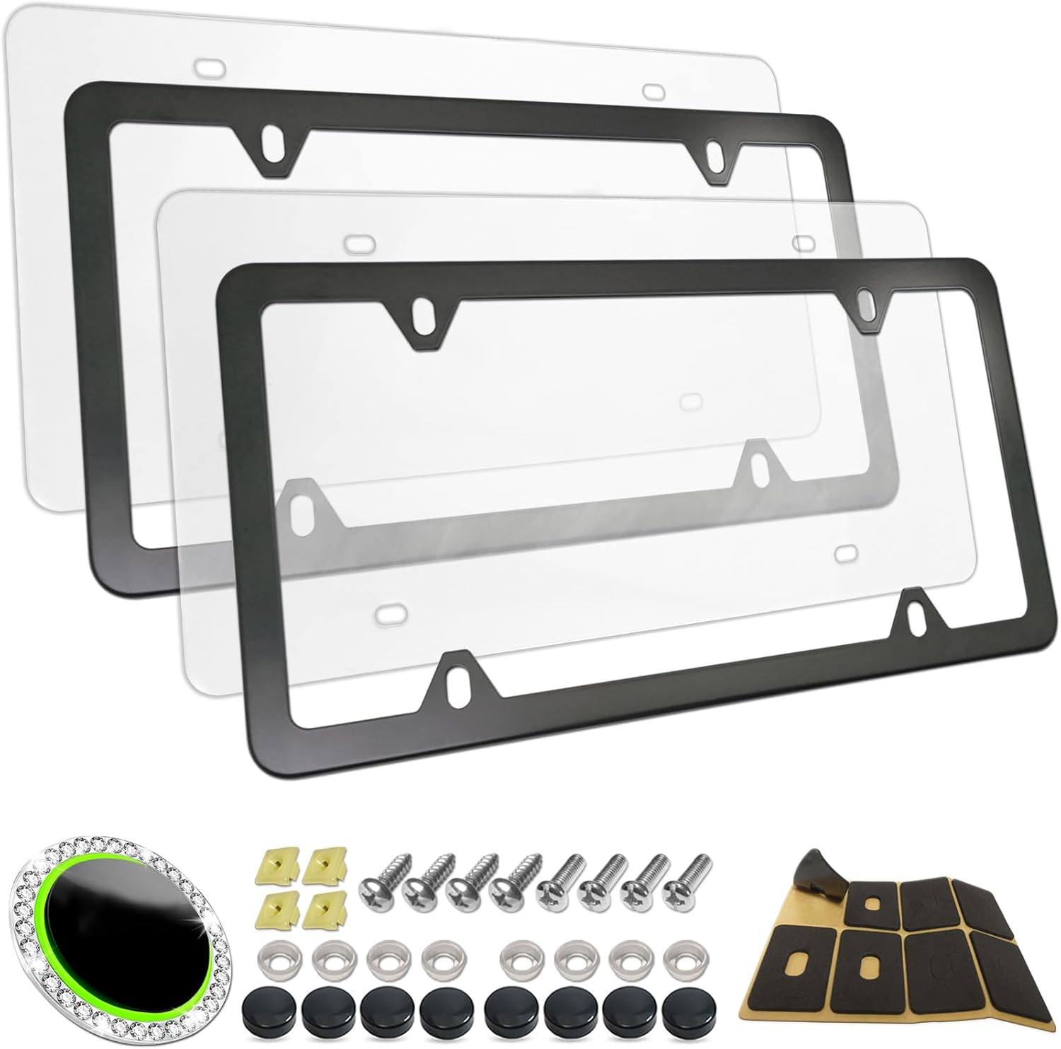 Clear License Plate Frames Covers- 2 Pack Flat Car Tag Protector and Black Aluminum Holder, Road Legal Unbreakable Acrylic Protective Shield with Screws Caps for Front Rear