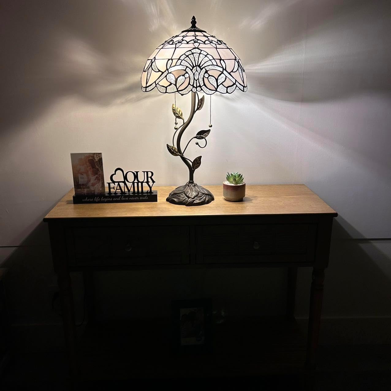 White Stained Glass Table Lamp Baroque Style Lavender Iron Metal Leaves Bronze Base Included LED Bulbs for Living Room Bedroom Bedside 14" W*14" D*24" H