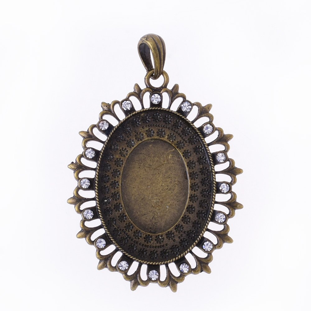 Rosebeading Antique Bronze Zinc Alloy 40X30mm Oval Cameo Cabochon Bezel Base Setting Pendants With Rhinestones,Sold 10Cps/Lot,