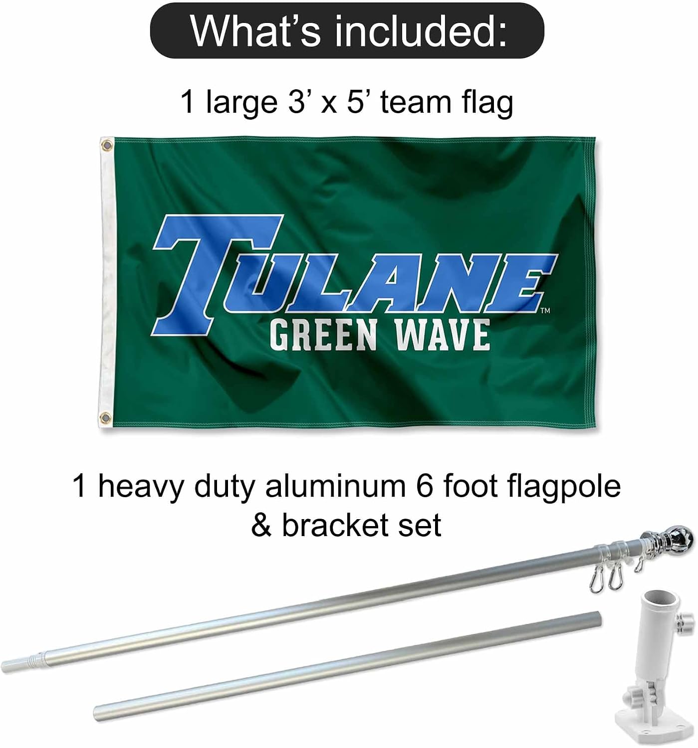 Tulane Green Wave Flag with Pole and Bracket Holder University Set