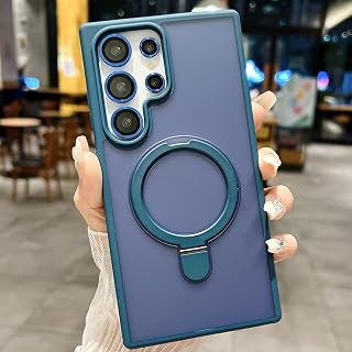 Coverzone Samsung Galaxy S24 Ultra ile Uyumlu Mat Transparan PhaqntomRing MagSafe Destekli Standlı Kılıf, Kamera Lens Hediyeli Darbe Emici Şık Tasarım Dark Blue