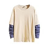 Contrast Color Long Sleeve T-Shirt Mens Patchwork Pullover 100% Cotton