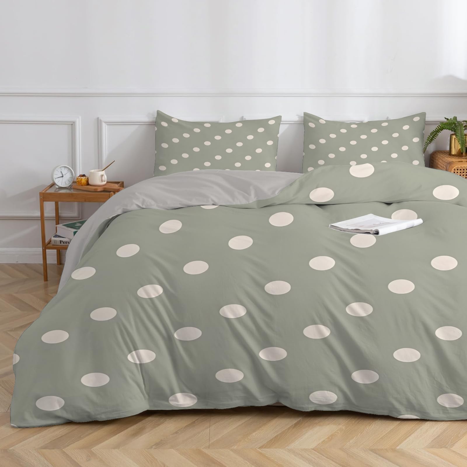 Dyausi Sage Green Duvet Cover Sets Polka Dot Reversible Superking Size Duvet Cover Sets With Zipper Closure Soft Breathable Microfiber Quilt Cover 260X220cm And Pillowcases For Adult Kids