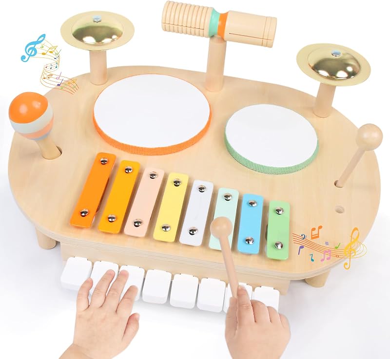 Juego de batería para bebé - Instrumento musical de juguetes de madera Montessori para niños pequeños de 1 a 3 años | Juego de percusión de mesa de actividades musicales con batería, xilófono, platillos de piano, maraca, regalos de cumpleaños preescolares para niñas y niños