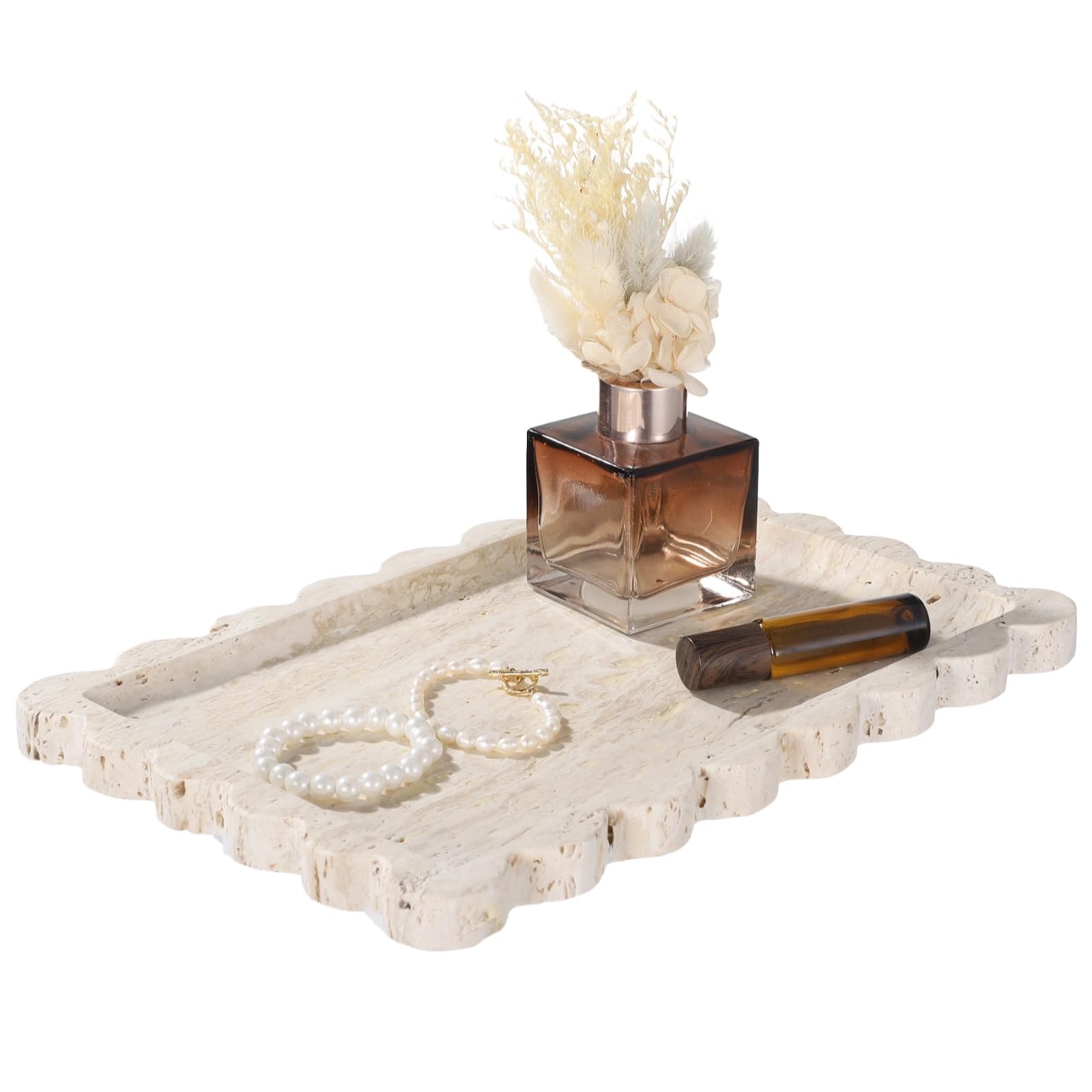 Bandeja decorativa de travertino, bandeja rectangular de piedra natural festoneada para joyas, perfumes, cosméticos, 12 x 8 pulgadas