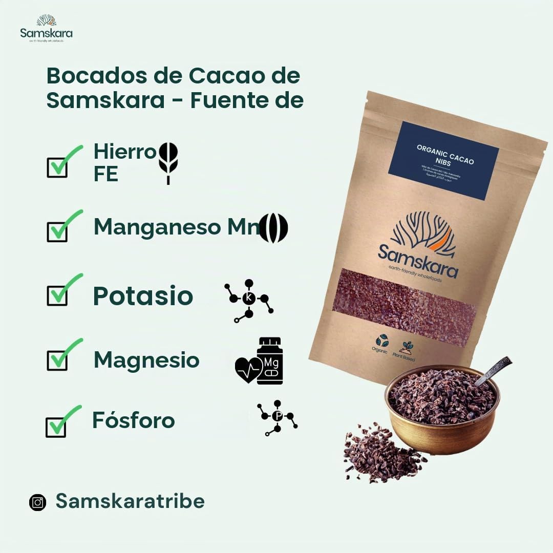 Samskara Nibs de Cacao Crudo y Premium de Perú, Cultivo Ecológico, Vegano, 1kg, 100% Natural, Puro, Sabor Intenso a Cacao, Sin Procesar