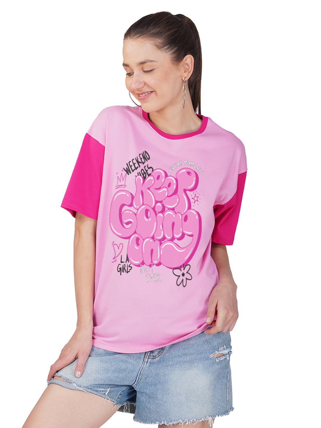 crazymonk Keep Going On Women Oversized T-Shirt- Bubble Pink-picture-25