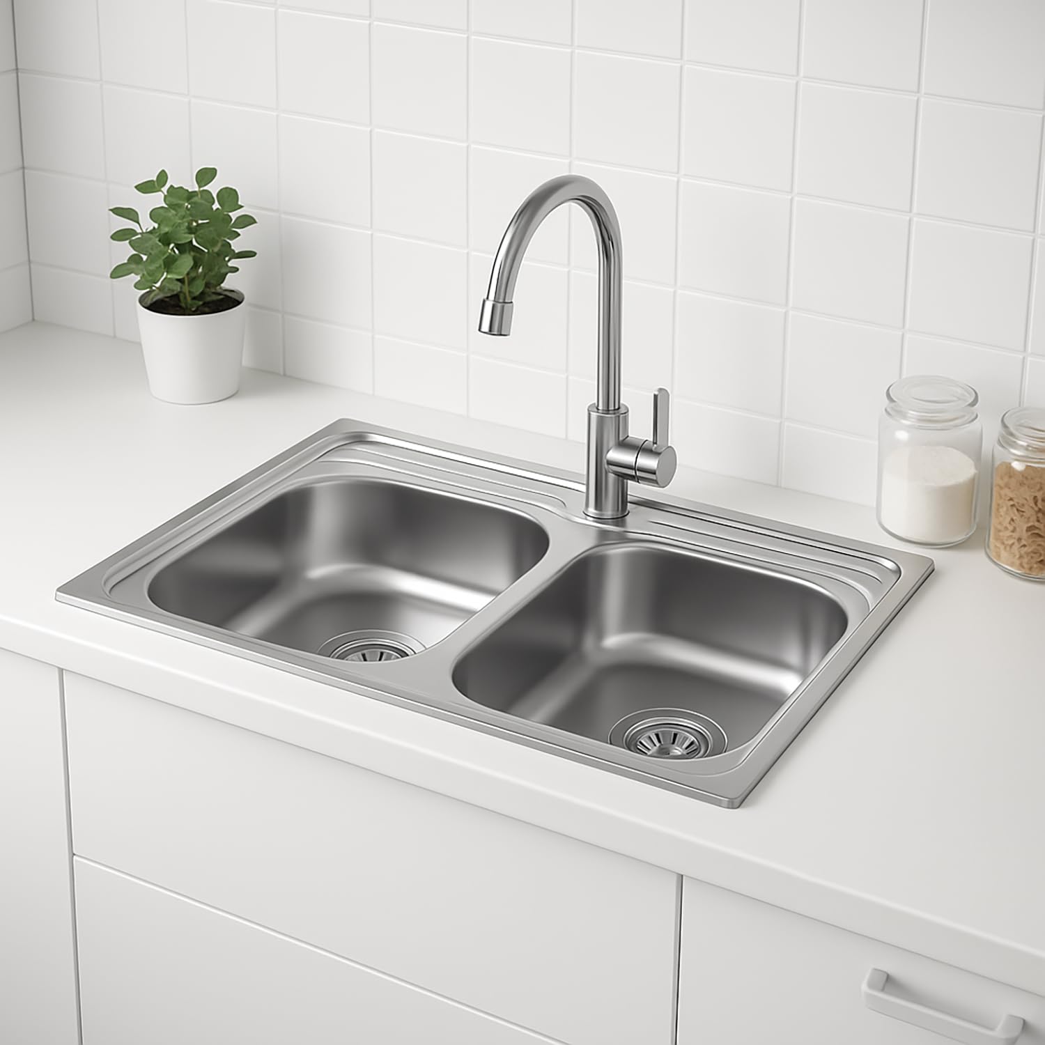 Lavello doppio in acciaio inox, 80 x 60 cm, con 2 vasche con sifone (80 * 60cm)