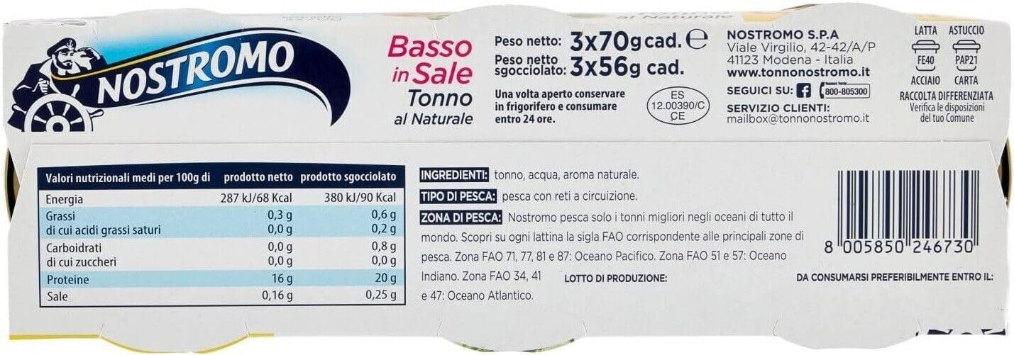 10er-Pack Nostromo Thunfisch Tonno al Naturale Basso in Sale,Natürlicher Thunfisch,Salzarm,3x70g Dose + 1er-Pack Kostenlos Felce Azzurra Talkumpuder, 100g-Beutel