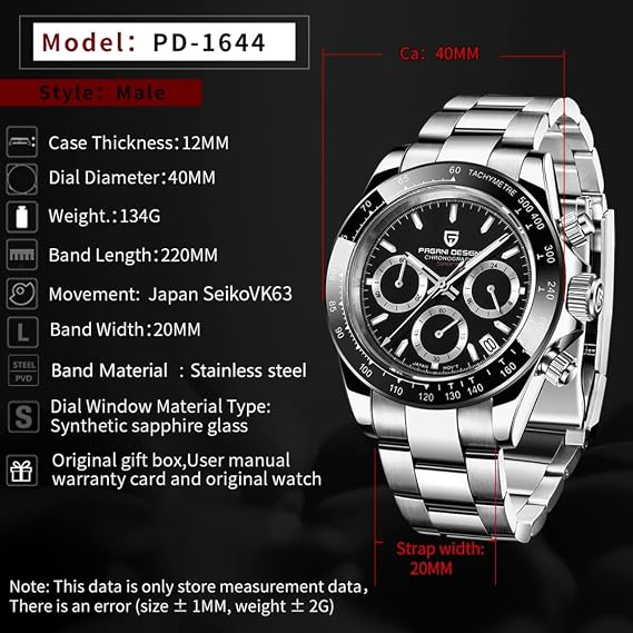 Pagani Design PD-1644 Quartz Men's Watch, Date, Sapphire Glass, 316L Stainless Steel, Ceramic Bezel, VK63 Movement, Waterproof Watch, Waterproof Men's Sports Chronograph Watch