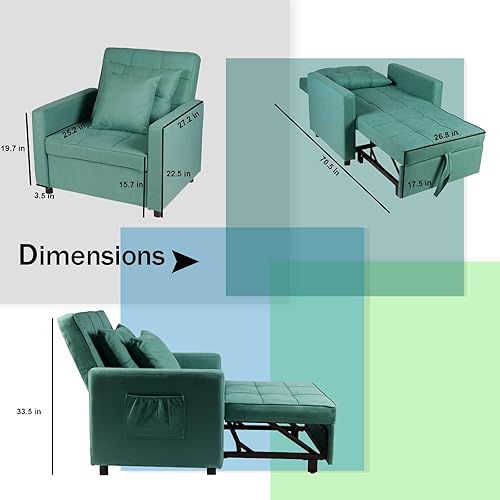 Miniatura 3 de Polar Aurora Silla de sofá cama convertible 3 en 1, tumbona, sillón reclinable individual para espacio pequeño con respaldo ajustable (verde)